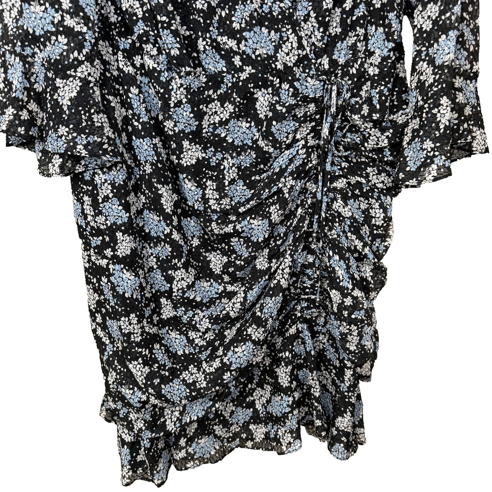 Veronica Beard Sean Wrap Dress Womens 20 Black Ditsy Floral Silk Ruched Ruffle - Picture 6 of 14